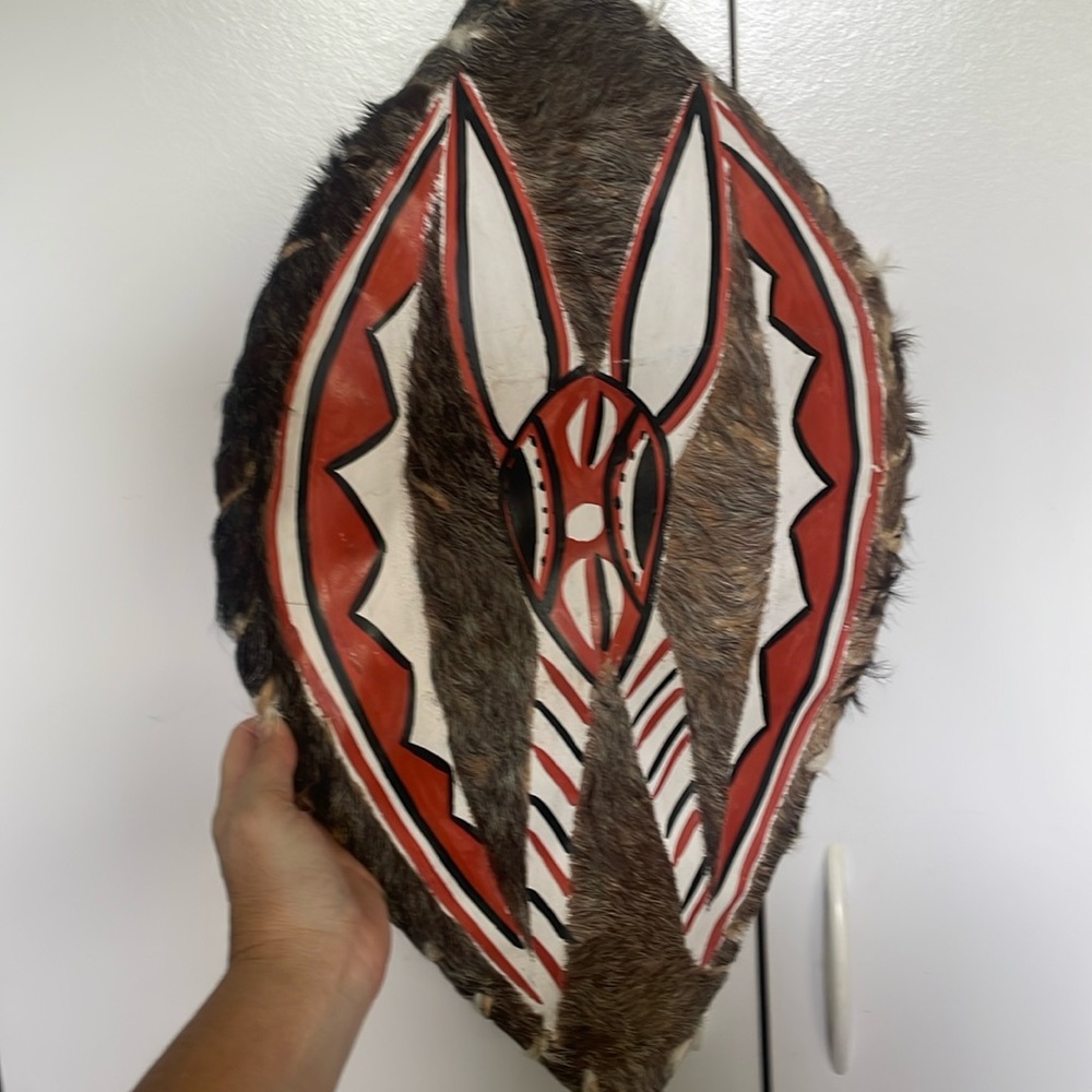 Handmade African shield. Fur and hand painted.   Decor.  Costume.  Tribal.